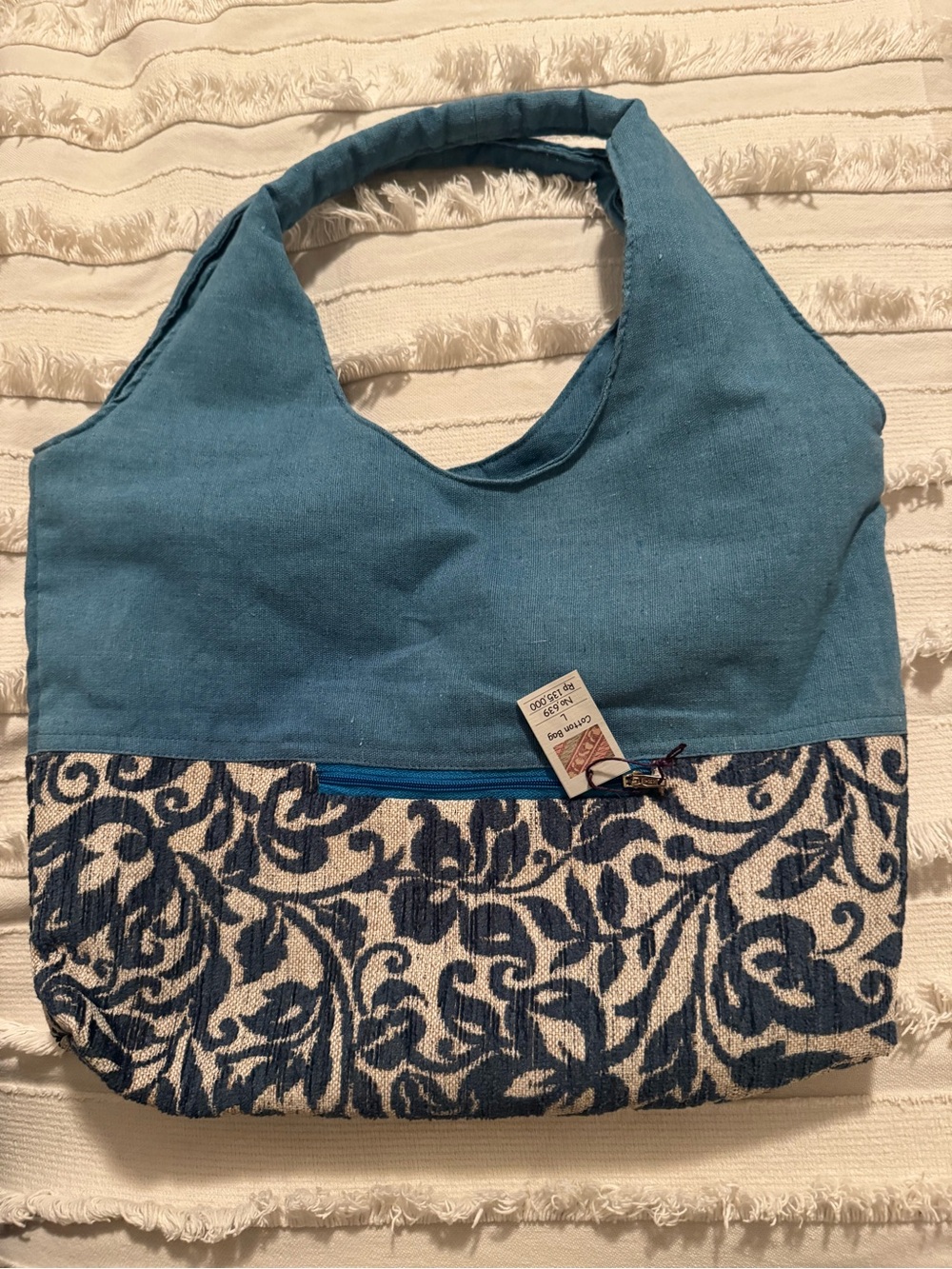 Blue Patterned Canvas Tote Bag - Blue